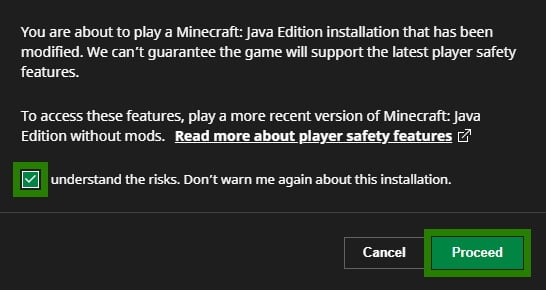 Confirm that you want to play modded Minecraft