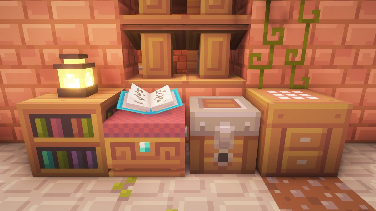 Dandelion blocks with Complementary shaders: bookshelf, enchanting table, chest, crafting table