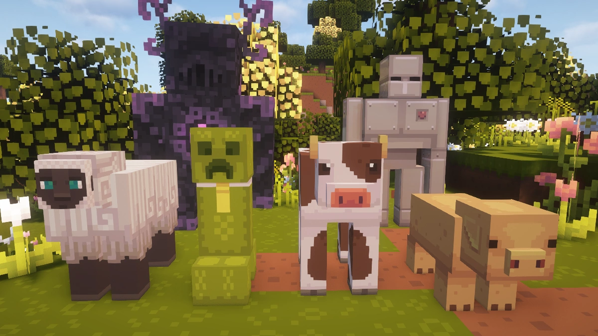 Dandelion mobs with Complementary shaders: sheep, creeper, warden, cow, iron golem, pig