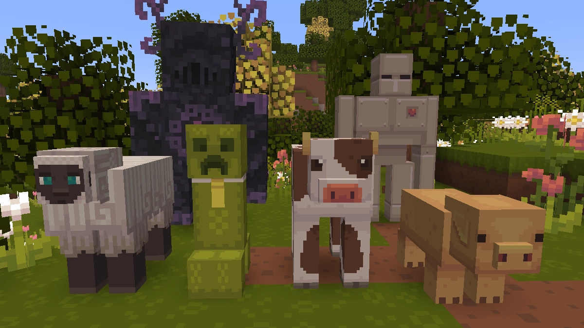 Dandelion mobs: sheep, creeper, warden, cow, iron golem, pig