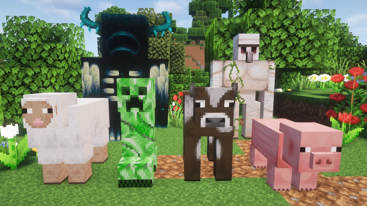 Faithful mobs with Complementary shaders : sheep, creeper, warden, cow, iron golem, pig