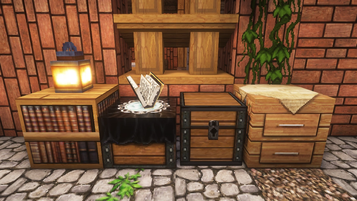 MeineKraft blocks with Complementary shaders: bookshelf, enchanting table, chest, crafting table