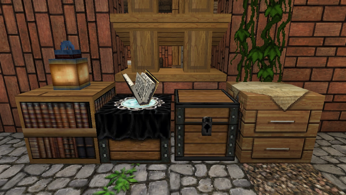 MeineKraft blocks: bookshelf, enchanting table, chest, crafting table