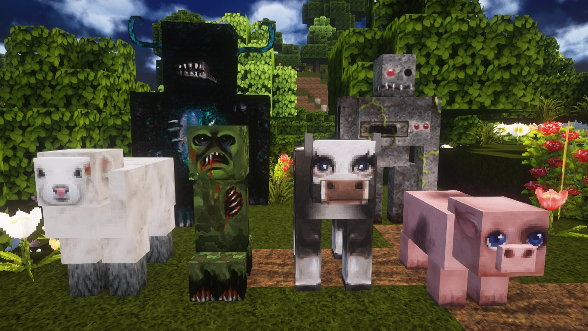 MeineKraft mobs with Complementary shaders: sheep, creeper, warden, cow, iron golem, pig