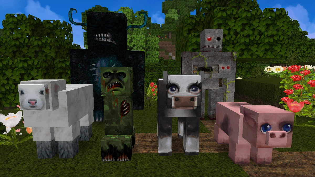 MeineKraft mobs: sheep, creeper, warden, cow, iron golem, pig