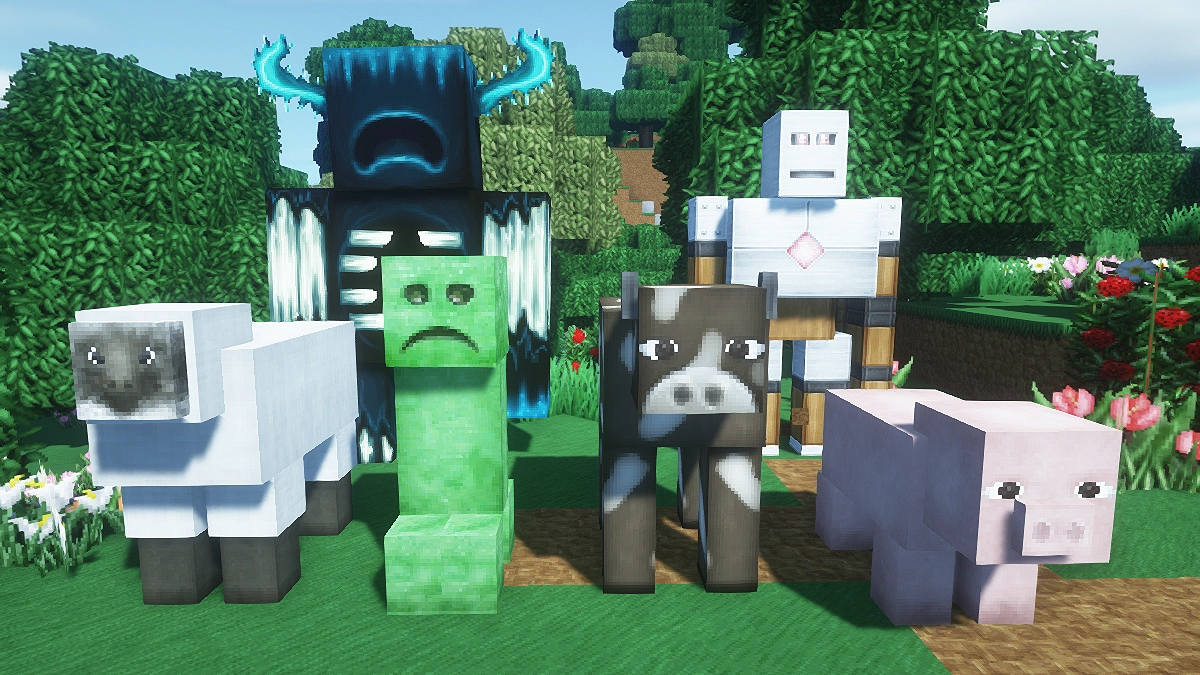 Soartex Fanver mobs with OPAL shaders : sheep, creeper, warden, cow, iron golem, pig