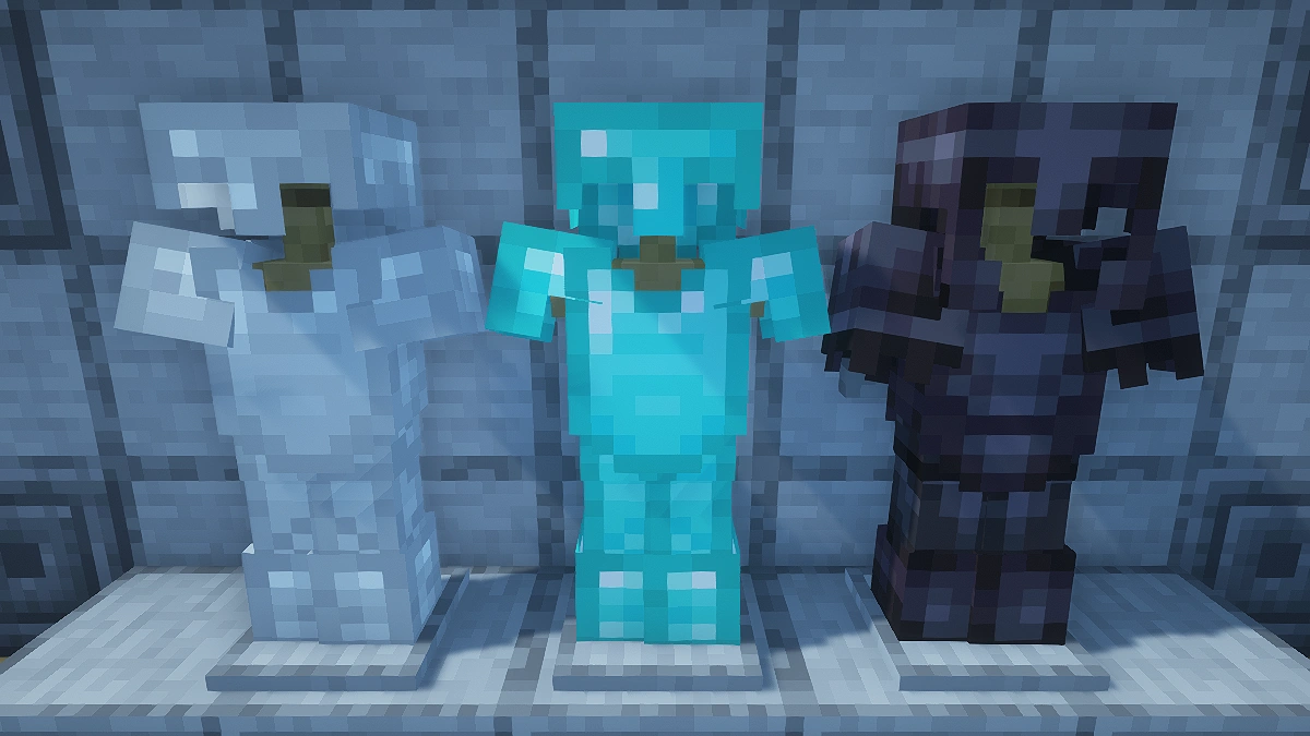 Vanilla armor with OPAL shaders: iron, diamond, netherite