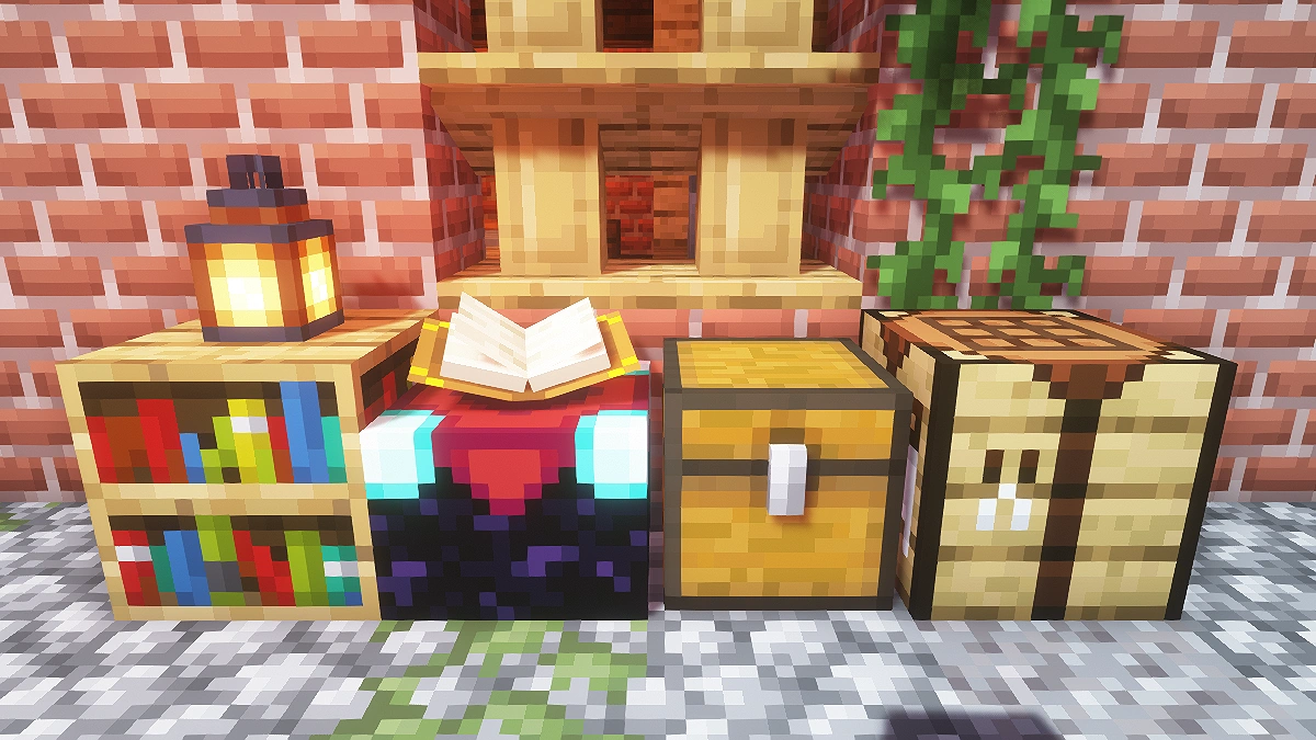 Vanilla blocks with OPAL shaders: bookshelf, enchanting table, chest, crafting table