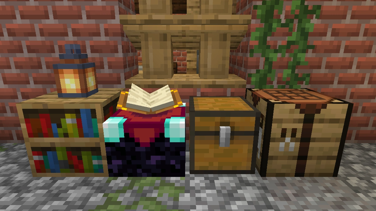 Vanilla blocks: bookshelf, enchanting table, chest, crafting table