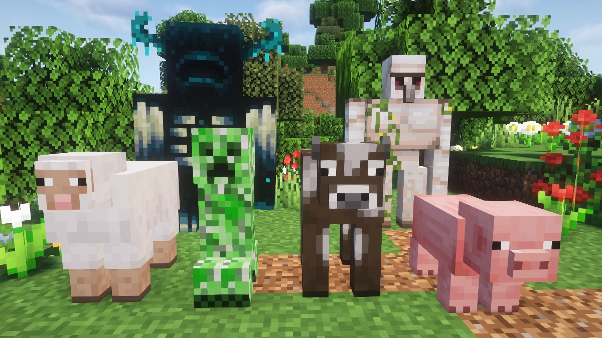 Vanilla mobs with Complementary shaders : sheep, creeper, warden, cow, iron golem, pig