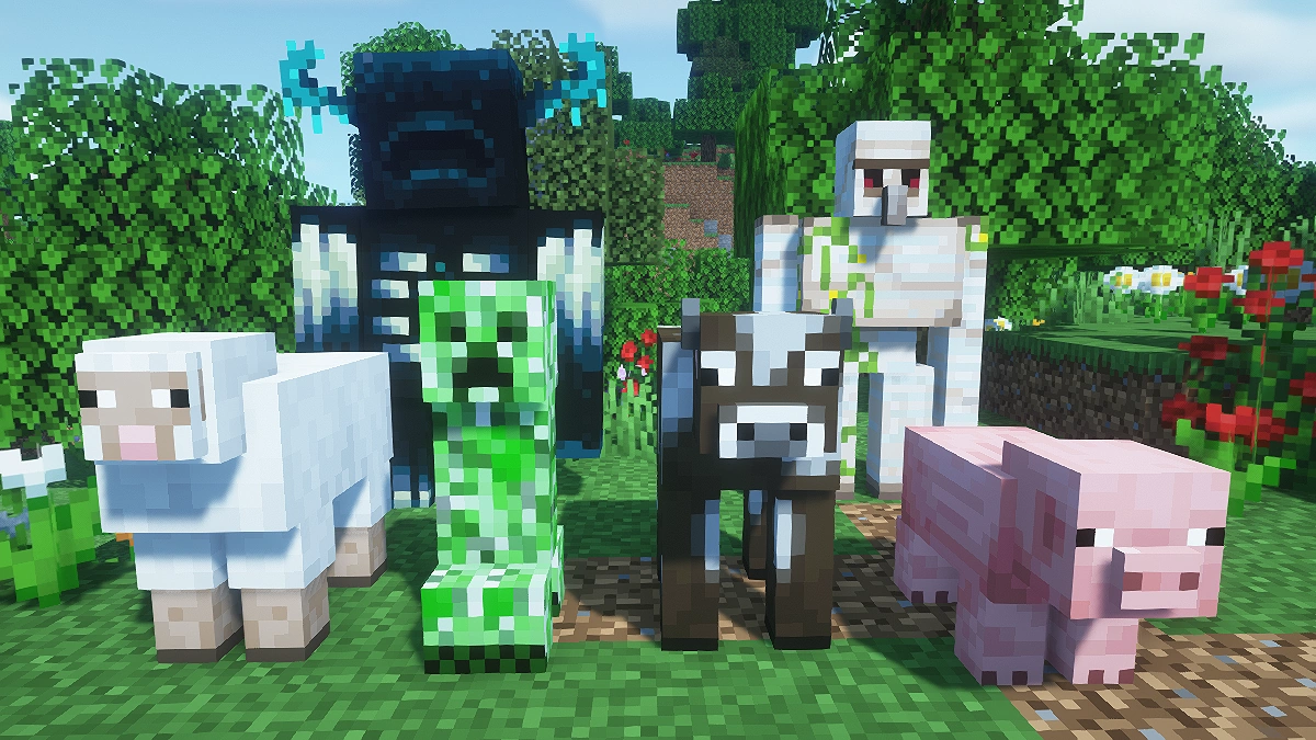 Vanilla mobs with OPAL shaders: sheep, creeper, warden, cow, iron golem, pig