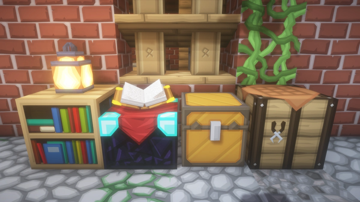 VanillaBDcraft blocks with BSL shaders: bookshelf, enchanting table, chest, crafting table