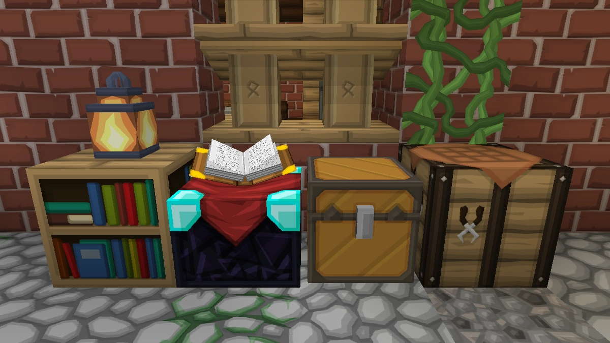 VanillaBDcraft blocks: bookshelf, enchanting table, chest, crafting table