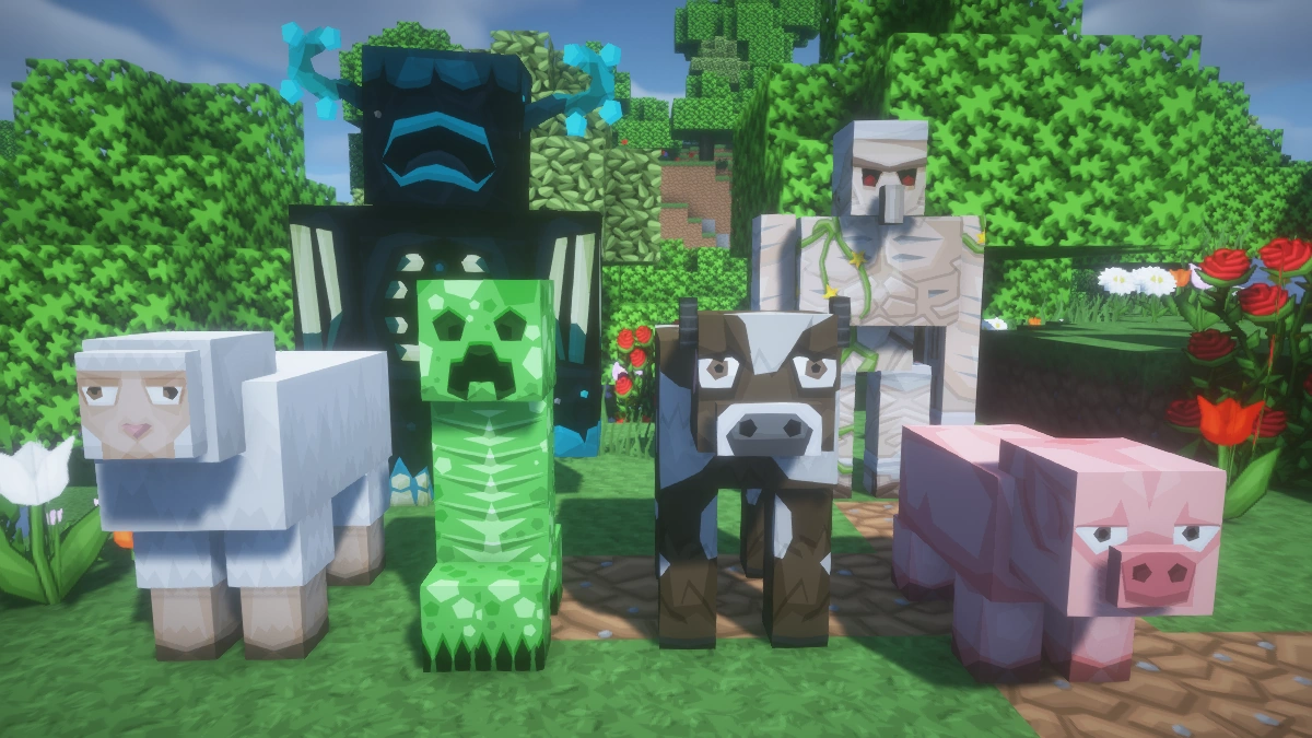 VanillaBDcraft mobs with BSL shaders: sheep, creeper, warden, cow, iron golem, pig