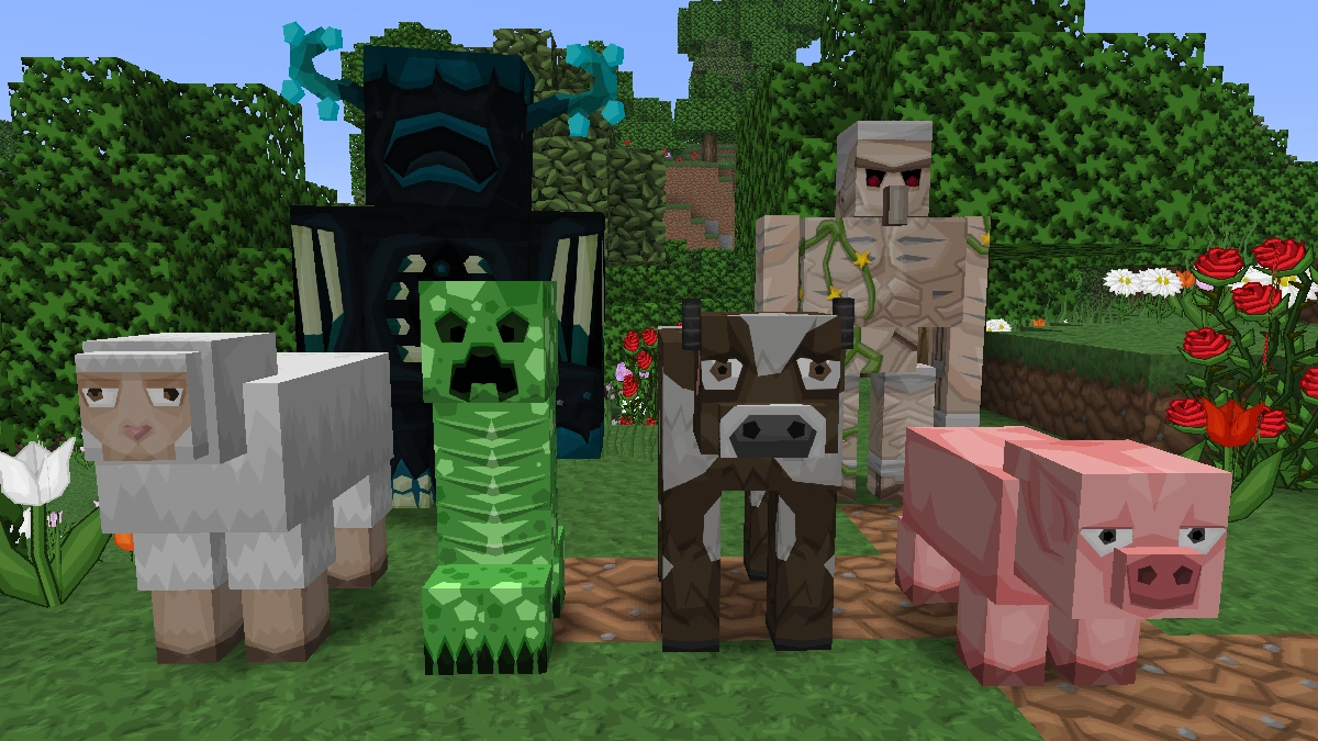 VanillaBDcraft mobs: sheep, creeper, warden, cow, iron golem, pig