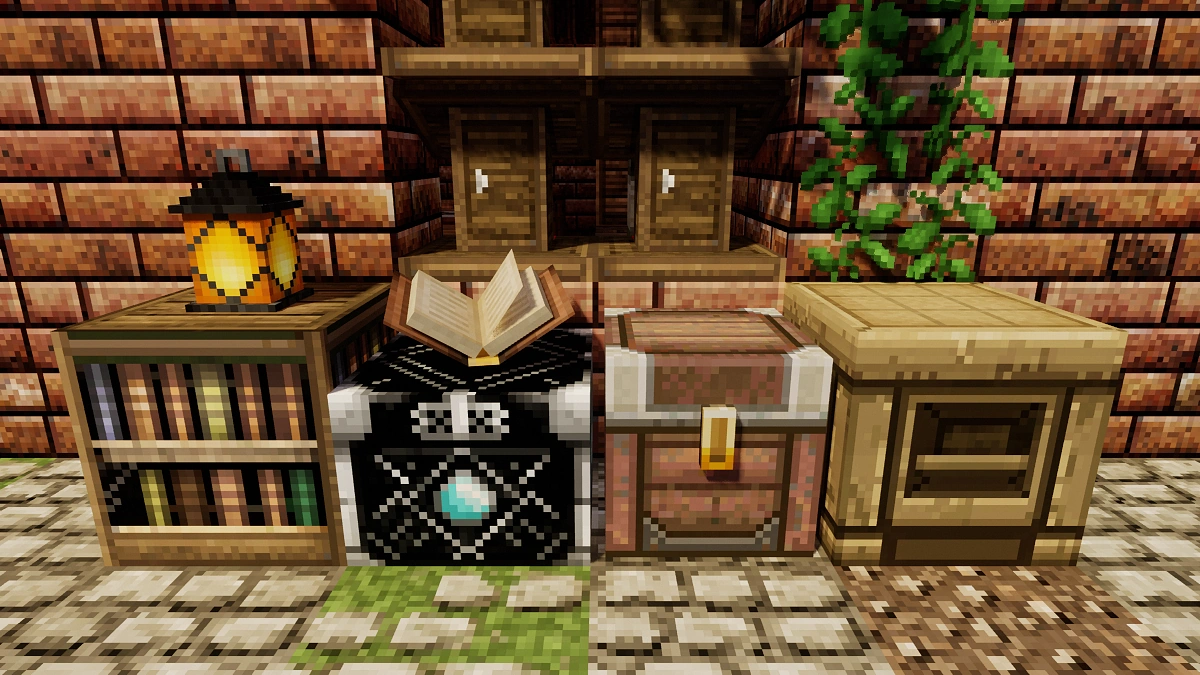 John Smith Legacy blocks with Chocapic13 shaders: bookshelf, enchanting table, chest, crafting table