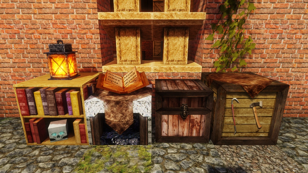 LB Photo Realism blocks with Sildur's Vibrant shaders: bookshelf, enchanting table, chest, crafting table