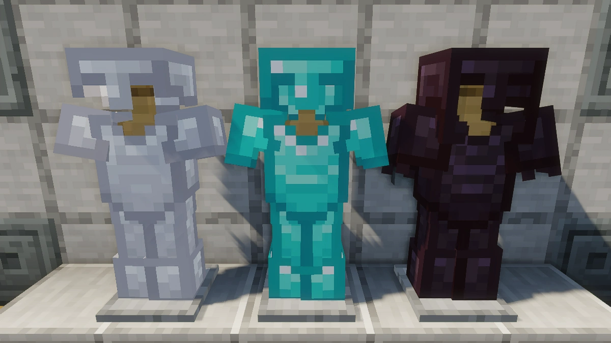 New Default+ armor with Sildur's Vibrant shaders: iron, diamond, netherite