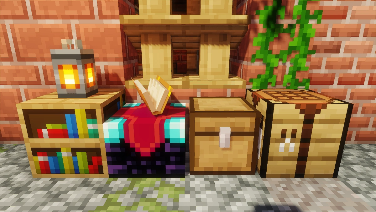 New Default+ blocks with Sildur's Vibrant shaders: bookshelf, enchanting table, chest, crafting table