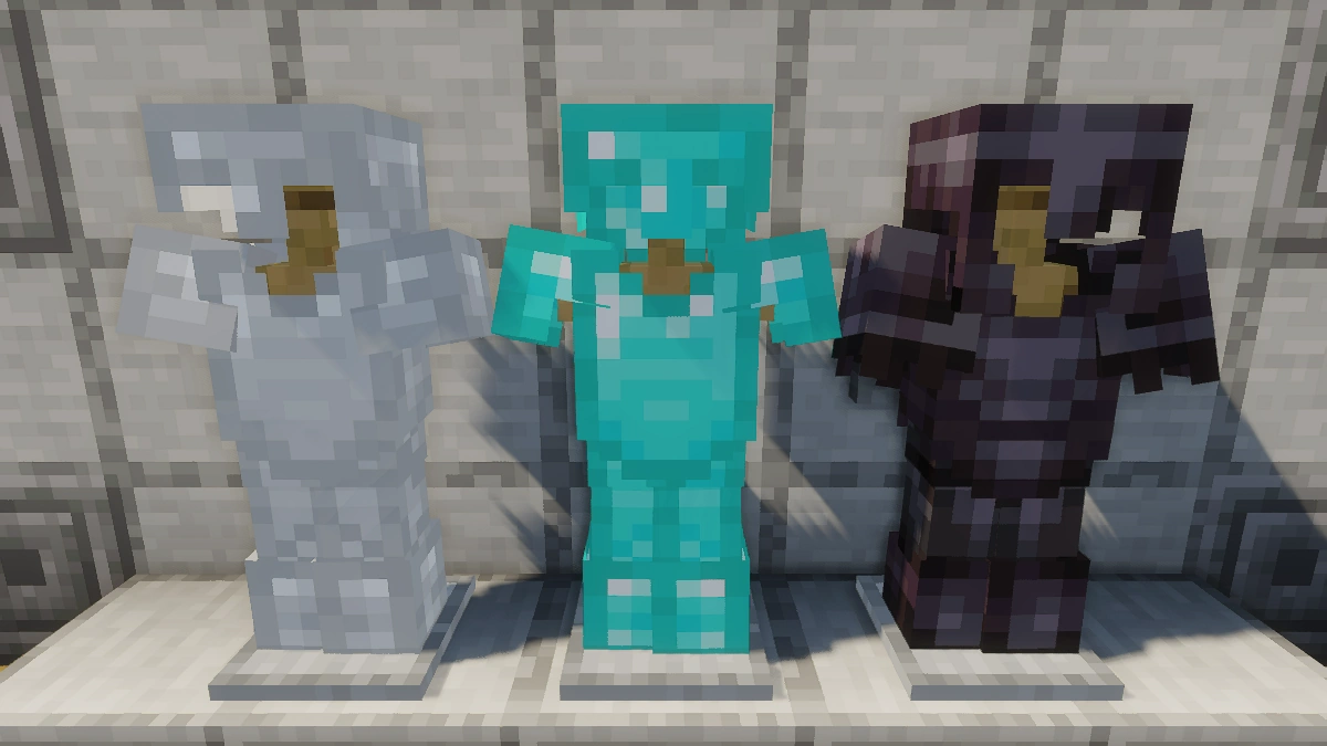 Vanilla armor with Sildur's Vibrant shaders: iron, diamond, netherite