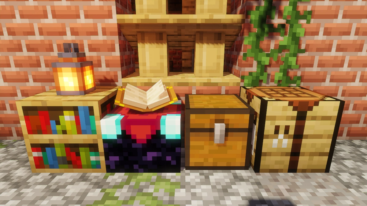 Vanilla blocks with Sildur's Vibrant shaders: bookshelf, enchanting table, chest, crafting table