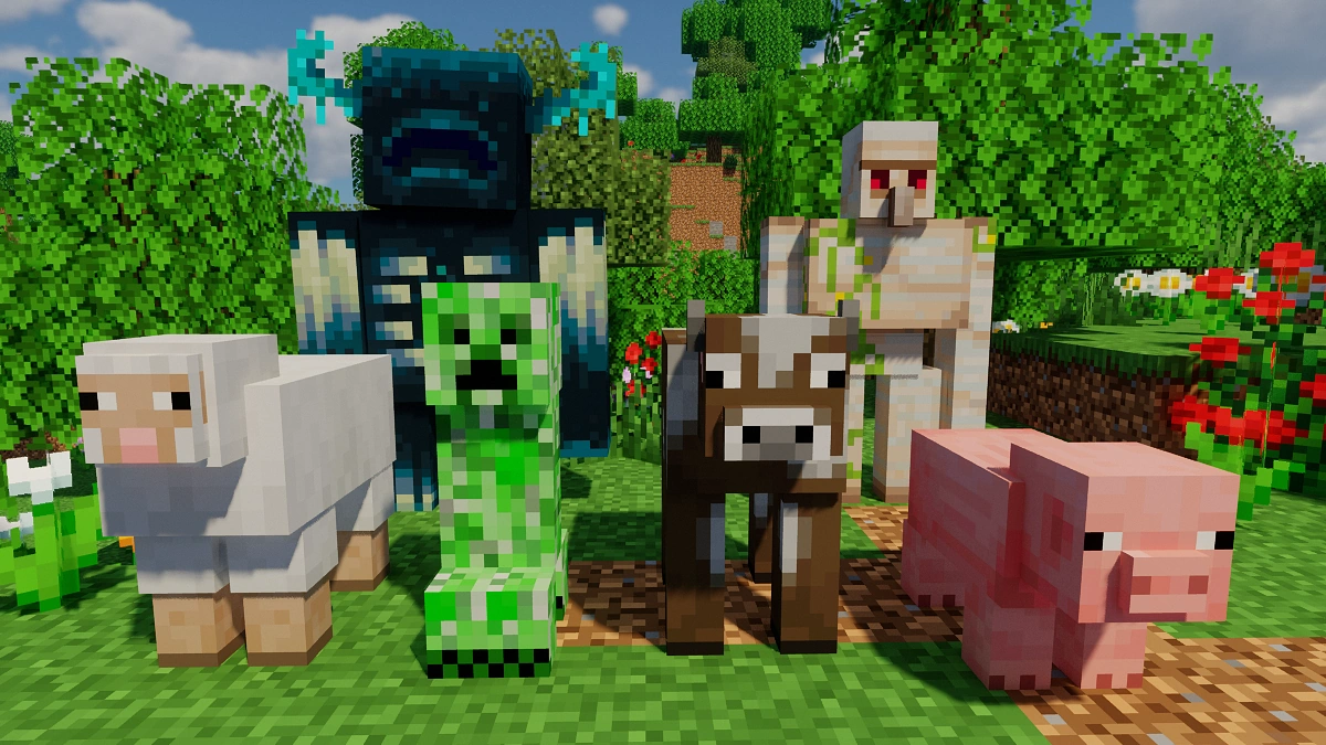 Vanilla mobs with Chocapic13 shaders: sheep, creeper, warden, cow, iron golem, pig