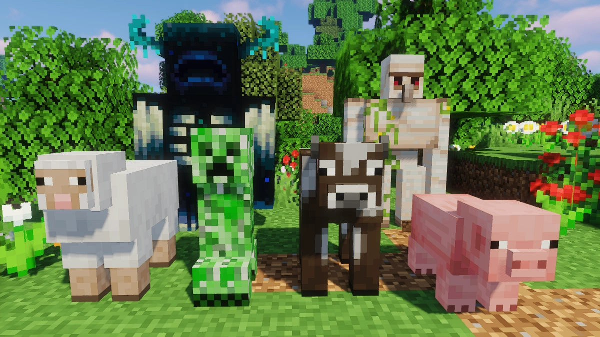 Vanilla mobs with Sildur's Vibrant shaders: sheep, creeper, warden, cow, iron golem, pig