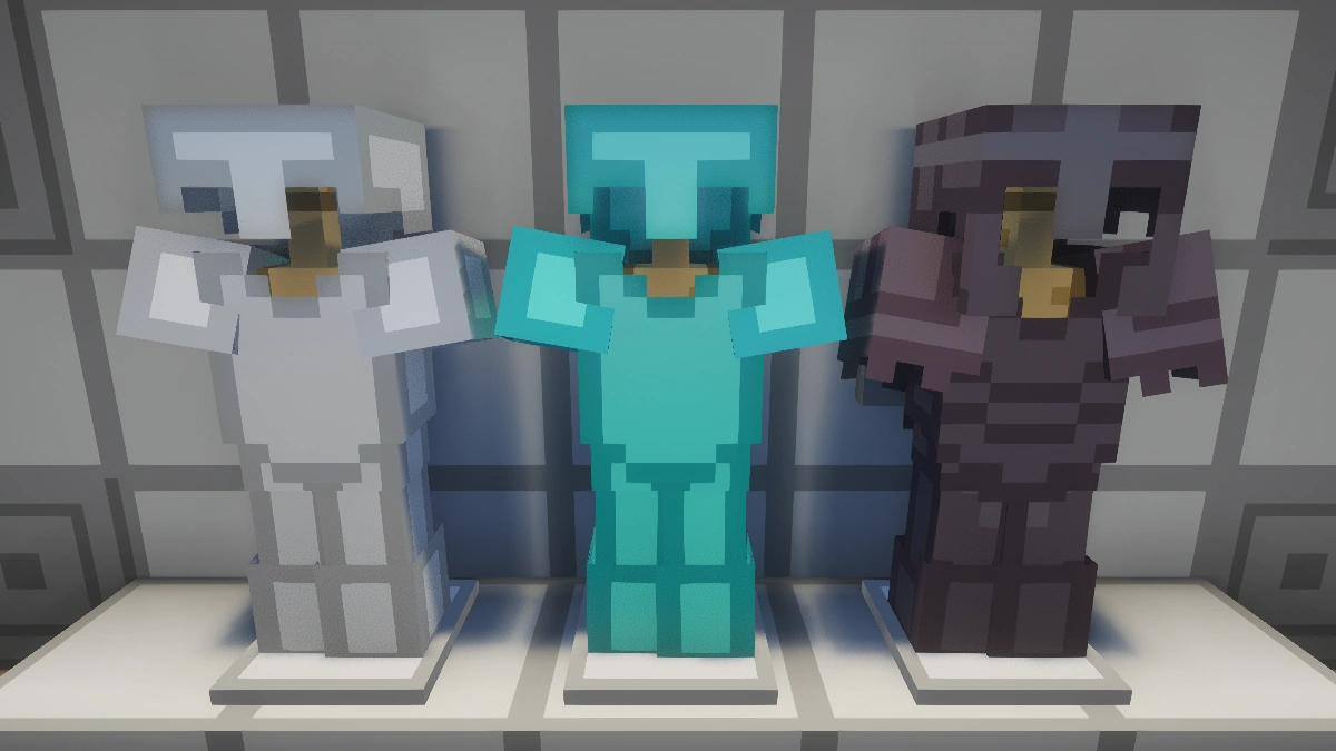 Bare Bones armor with Complementary Reimagined shaders: iron, diamond, netherite