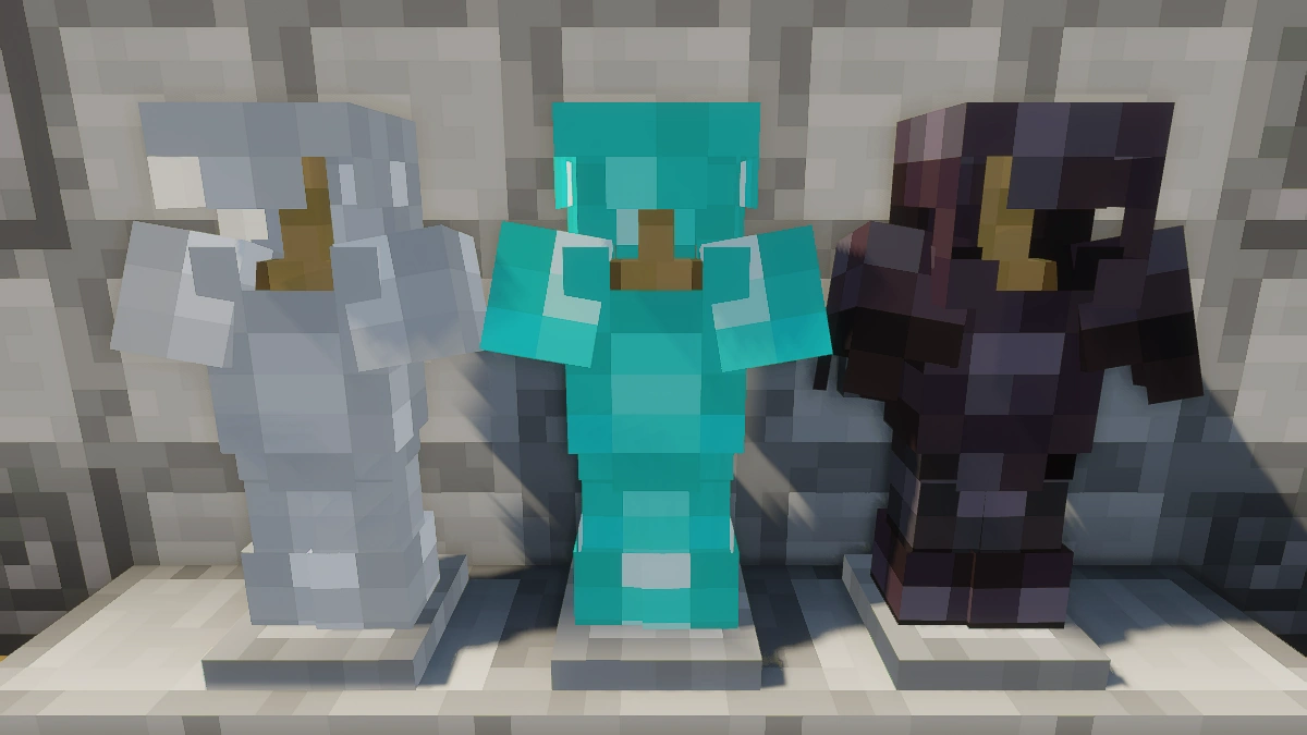 F8thful armor with Sildur's Vibrant shaders: iron, diamond, netherite