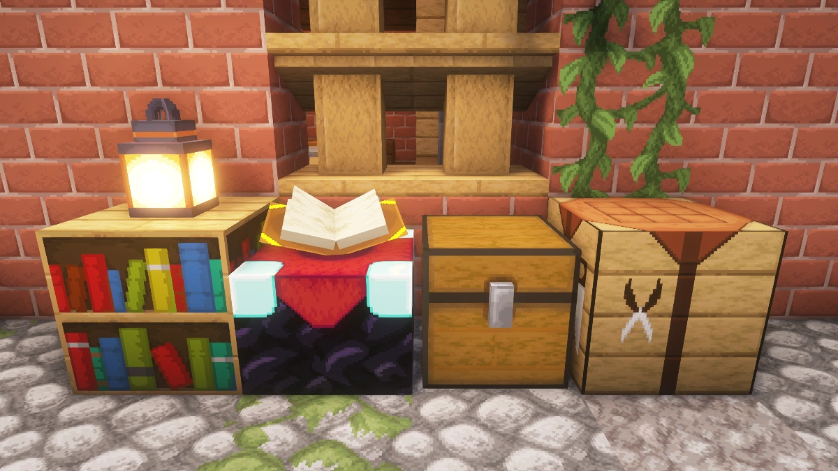 Faithful 64x blocks with Complementary shaders: bookshelf, enchanting table, chest, crafting table