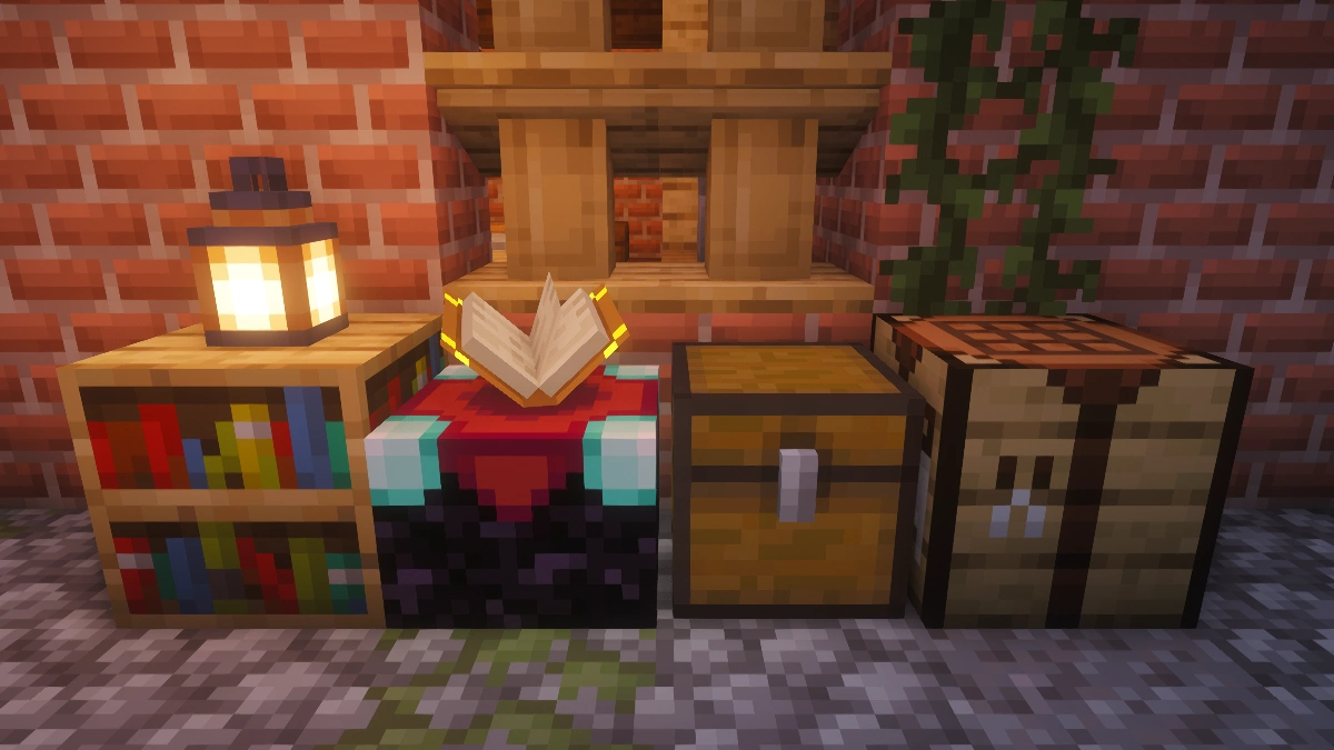 Vanilla blocks with Complementary Reimagined shaders: bookshelf, enchanting table, chest, crafting table