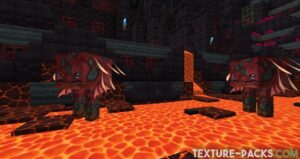 Minecraft striders with 128x textures standing in lava