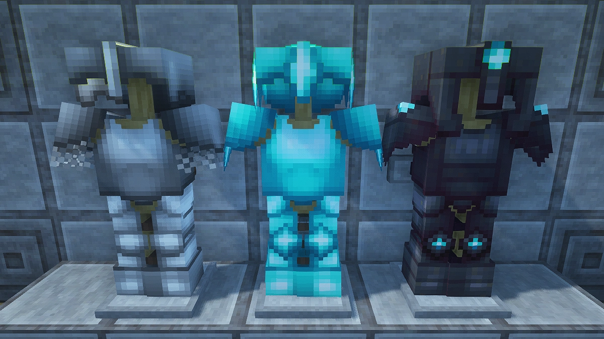 Lithos armor with OPAL shaders: iron, diamond, netherite