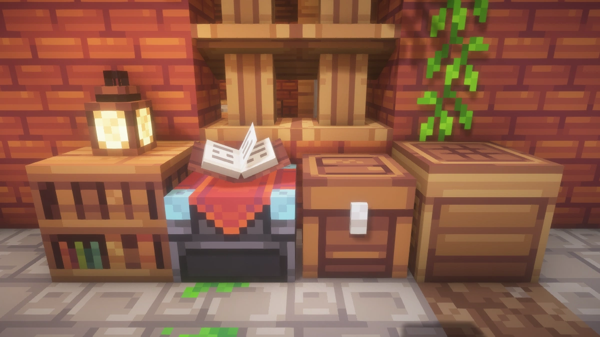 Quadral blocks with Complementary shaders: bookshelf, enchanting table, chest, crafting table
