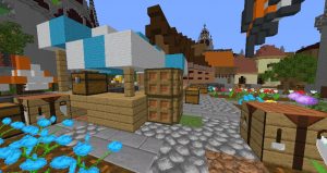 Marketplace in Minecraft with stalls, enhanced with Compliance 64x texture pack.