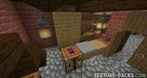 A simple Minecraft kitchen with a crafting table and lanterns.