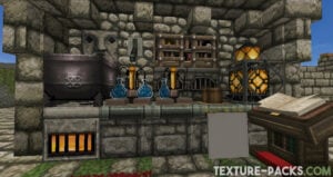 Old stone kitchen in Minecraft with brewing stands and a lectern in front.