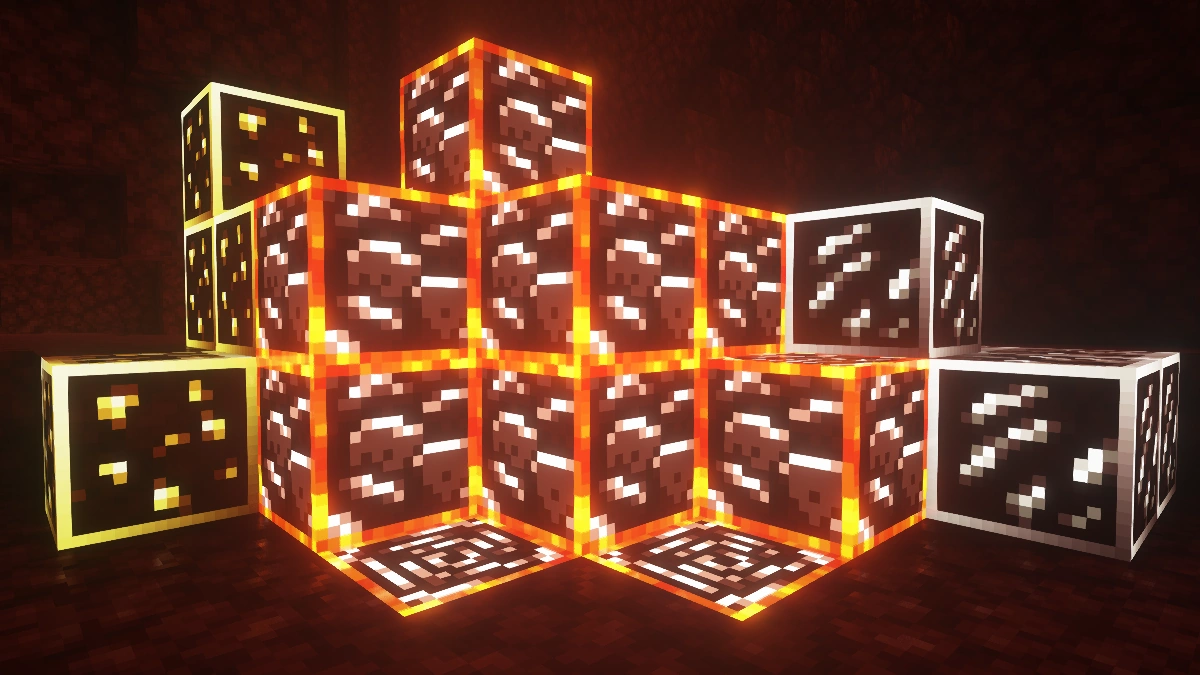 Nether gold, ancient debris and quartz ore blocks glowing with the Visible Ores texture pack and shaders active.