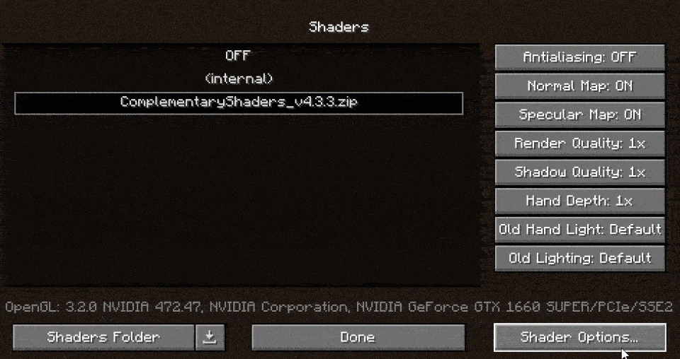 How to activate the Complementary shader versions in Minecraft