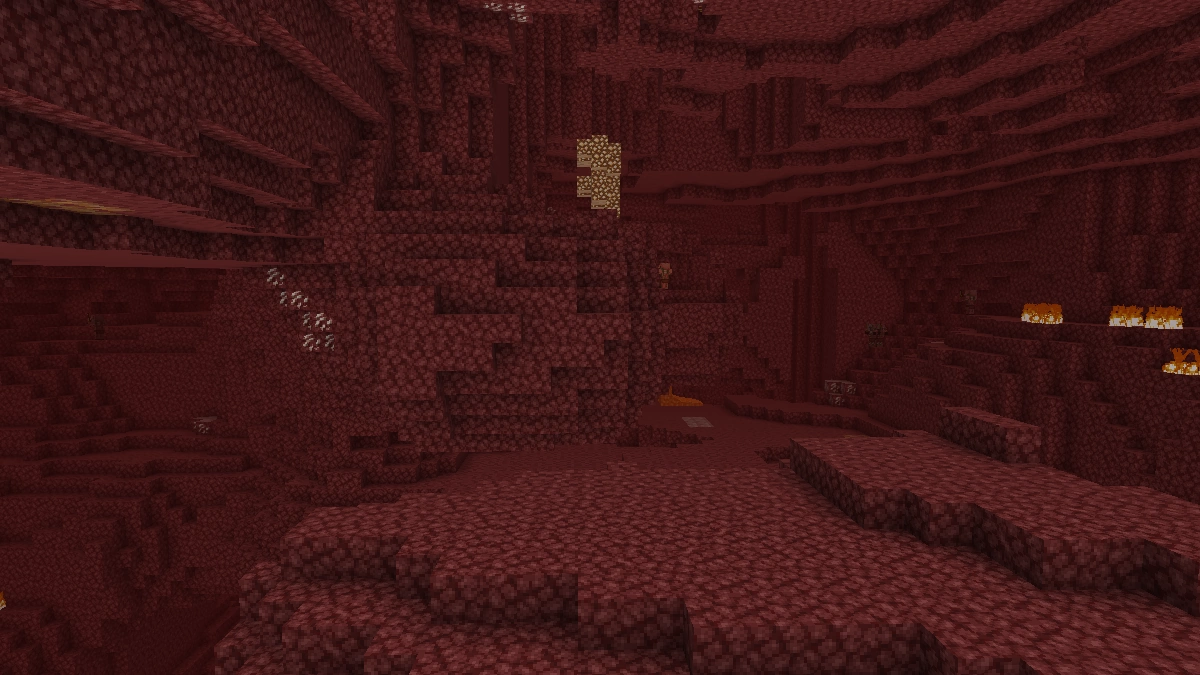 Minecraft Nether with Fullbright texture pack active. Nether wart blocks and quartz ores are all clearly visible.