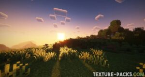 Minecraft sunset with the Rethinking Voxels shader pack
