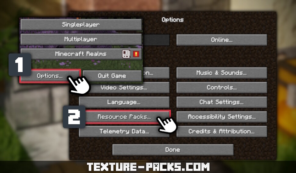 Go to 'Options' and click on 'Resource Packs' to install a texture pack