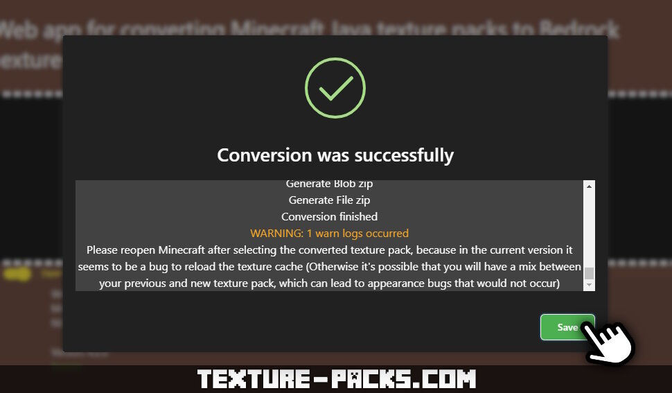 Screenshot of the successful download of a ported texture pack