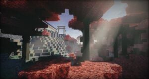 God rays shining through Minecraft trees with Noble shaders