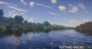 Minecraft river with reflections on the water's surface