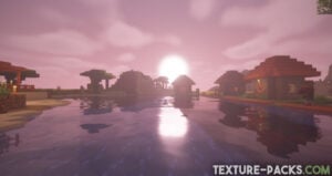 Minecraft sunset with round sun and colorful sky