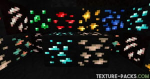 Screenshot of glowing ores in a Minecraft cave