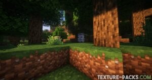 A Minecraft forest with PBR tree trunks, PBR grass blocks, and beautiful shadows