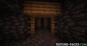 A dark mineshaft with cobblestone, wooden blocks, and fences in the Default HD 512x texture pack