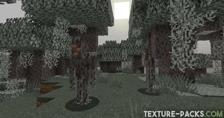 A pale garden forest with blocky trees and two creakings with a higher resolution textures.